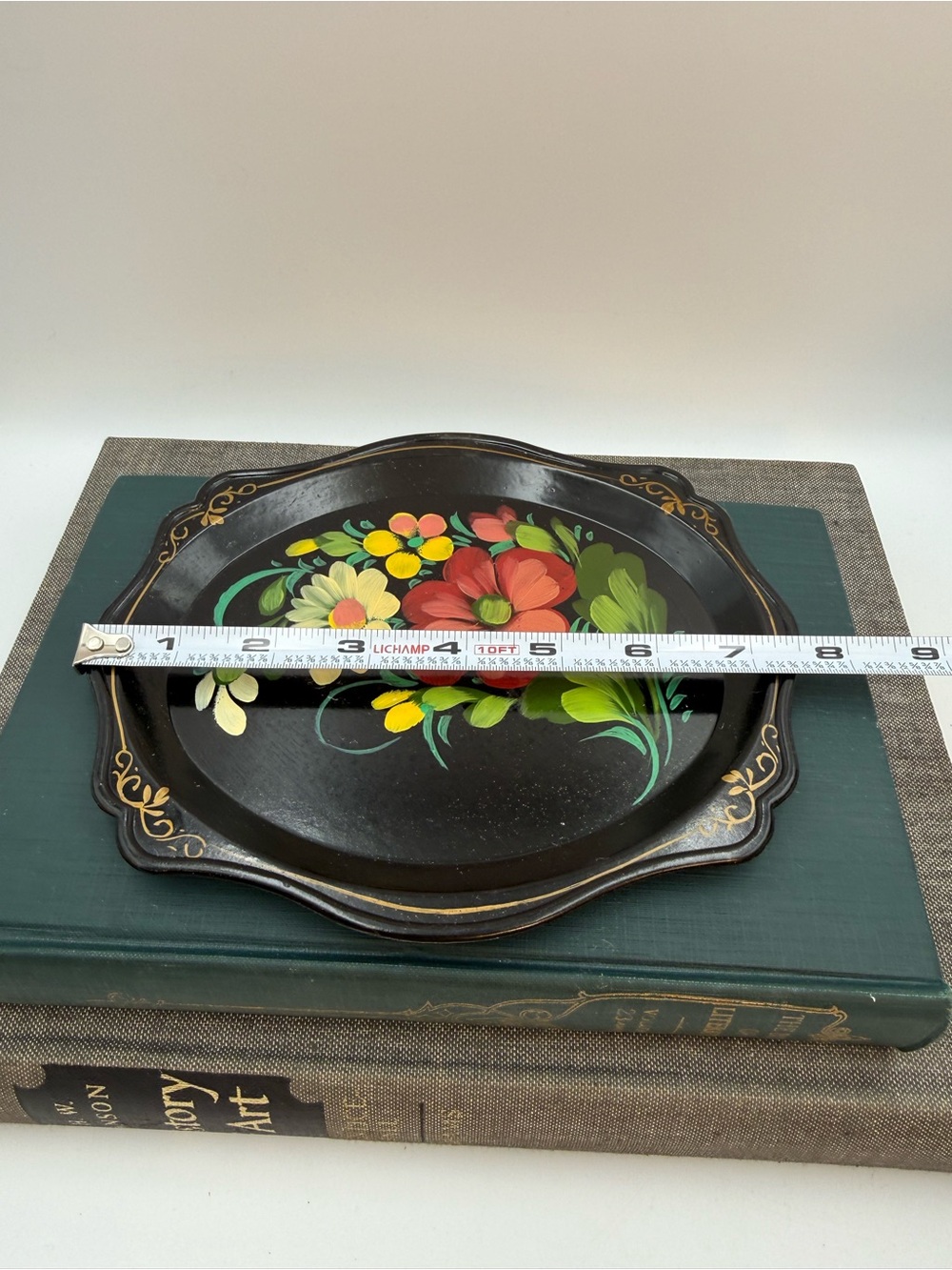 Vintage Russian Hand Painted Floral Flowers Toleware Black Serving Tray 7x6 - Picture 8 of 11